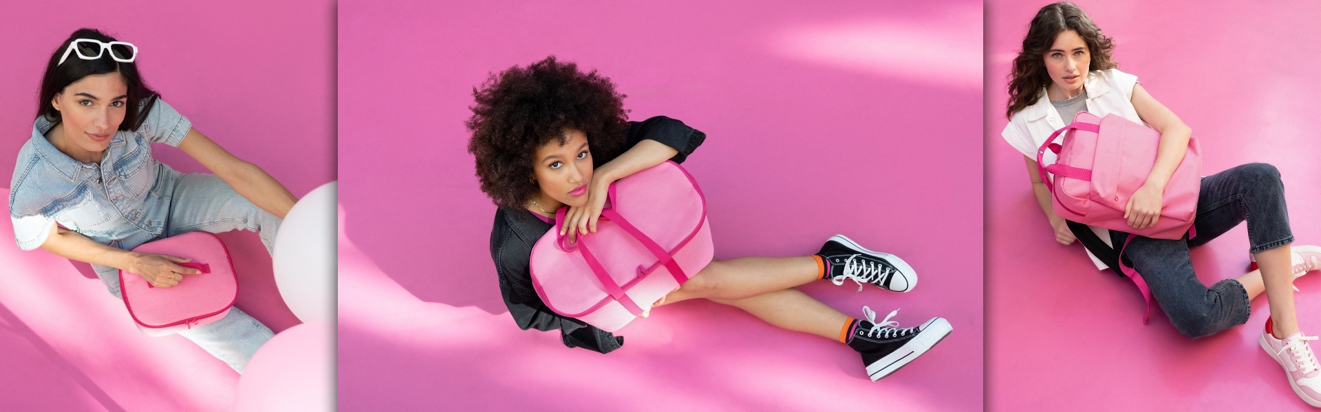 Three women with pink bags on pink background