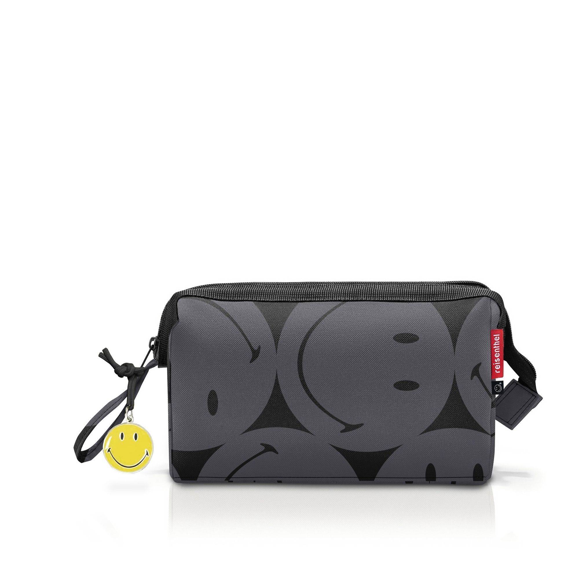 Travel toiletry bag with grey and black smiley design