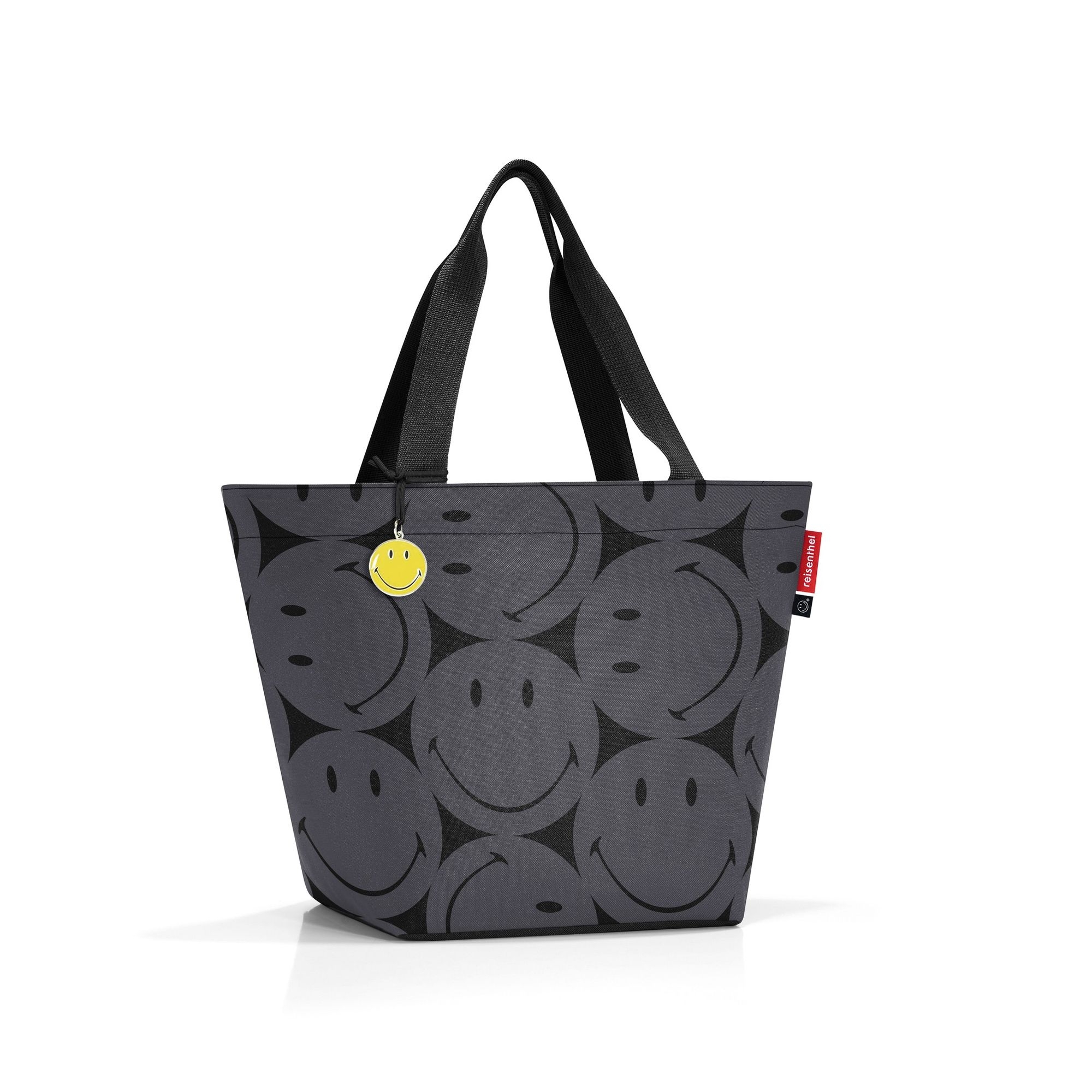 Dark shopping bag with large smileys and charm