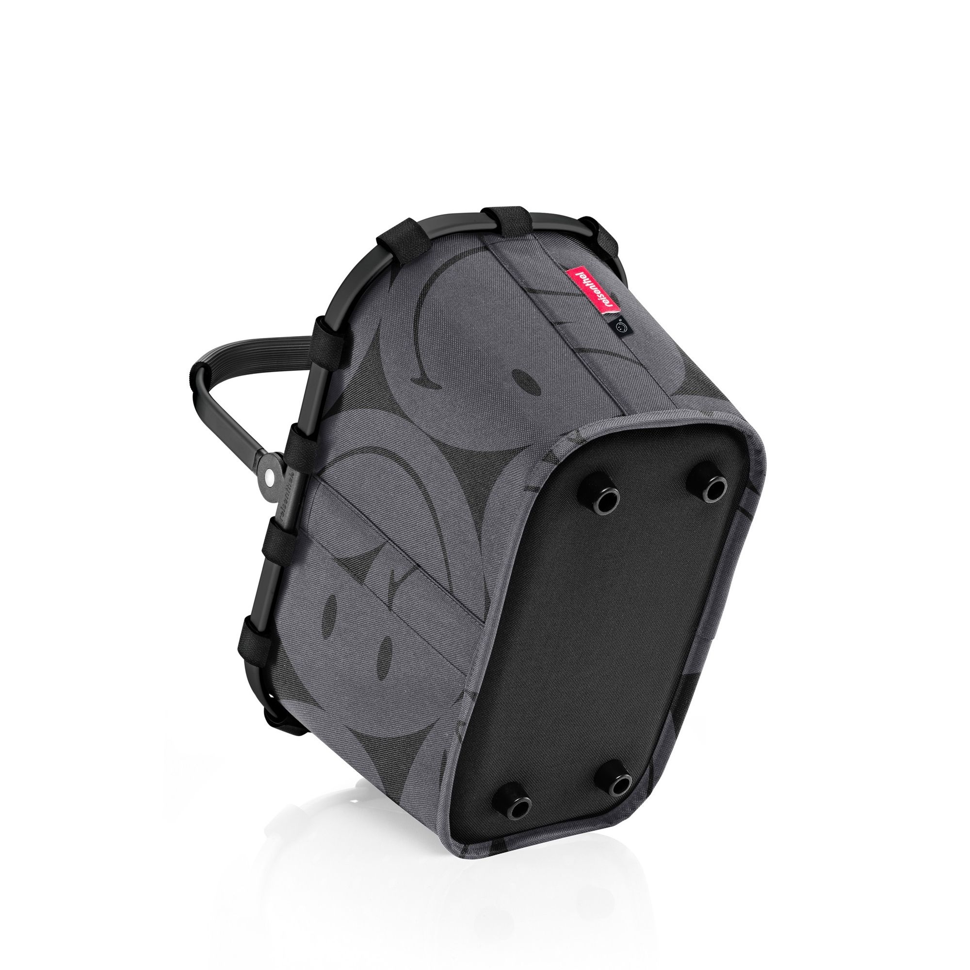 Sturdy grey bike basket with smiley pattern