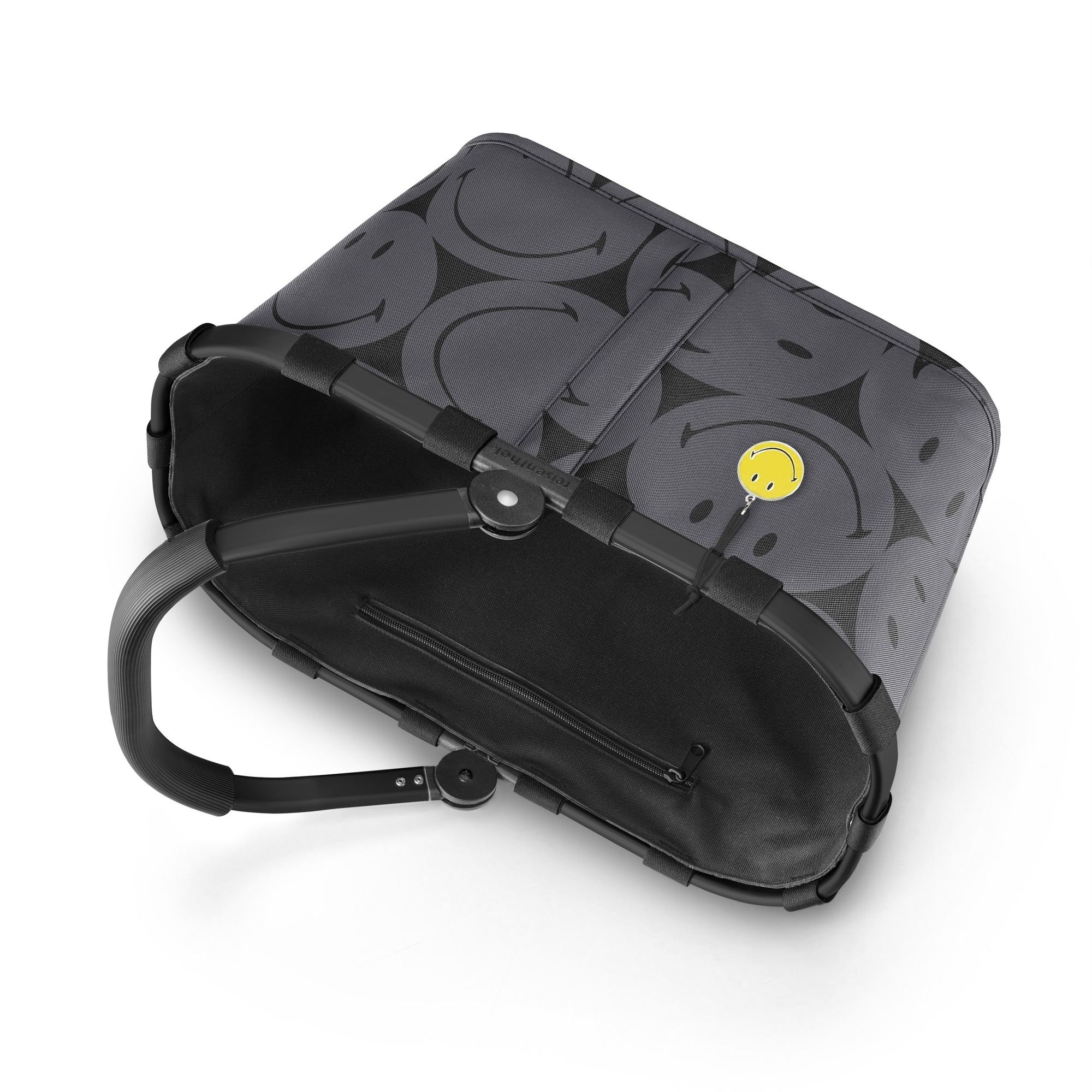 Black foldable shopping bag with smiley pattern and inner zi
