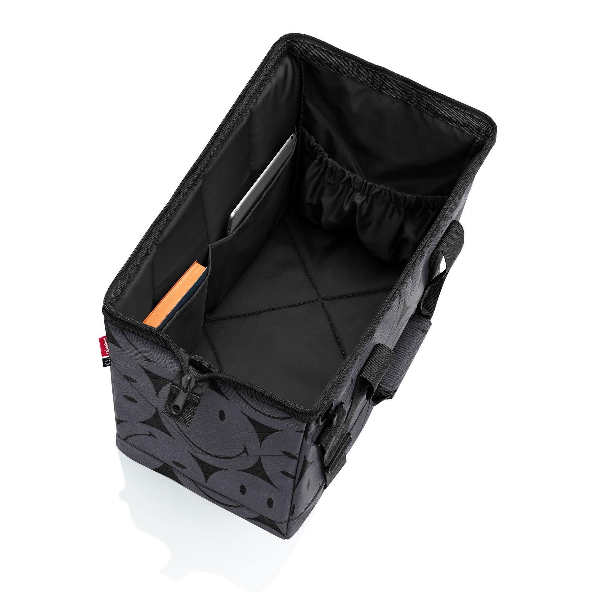 Open black carry bag with multiple inner pockets