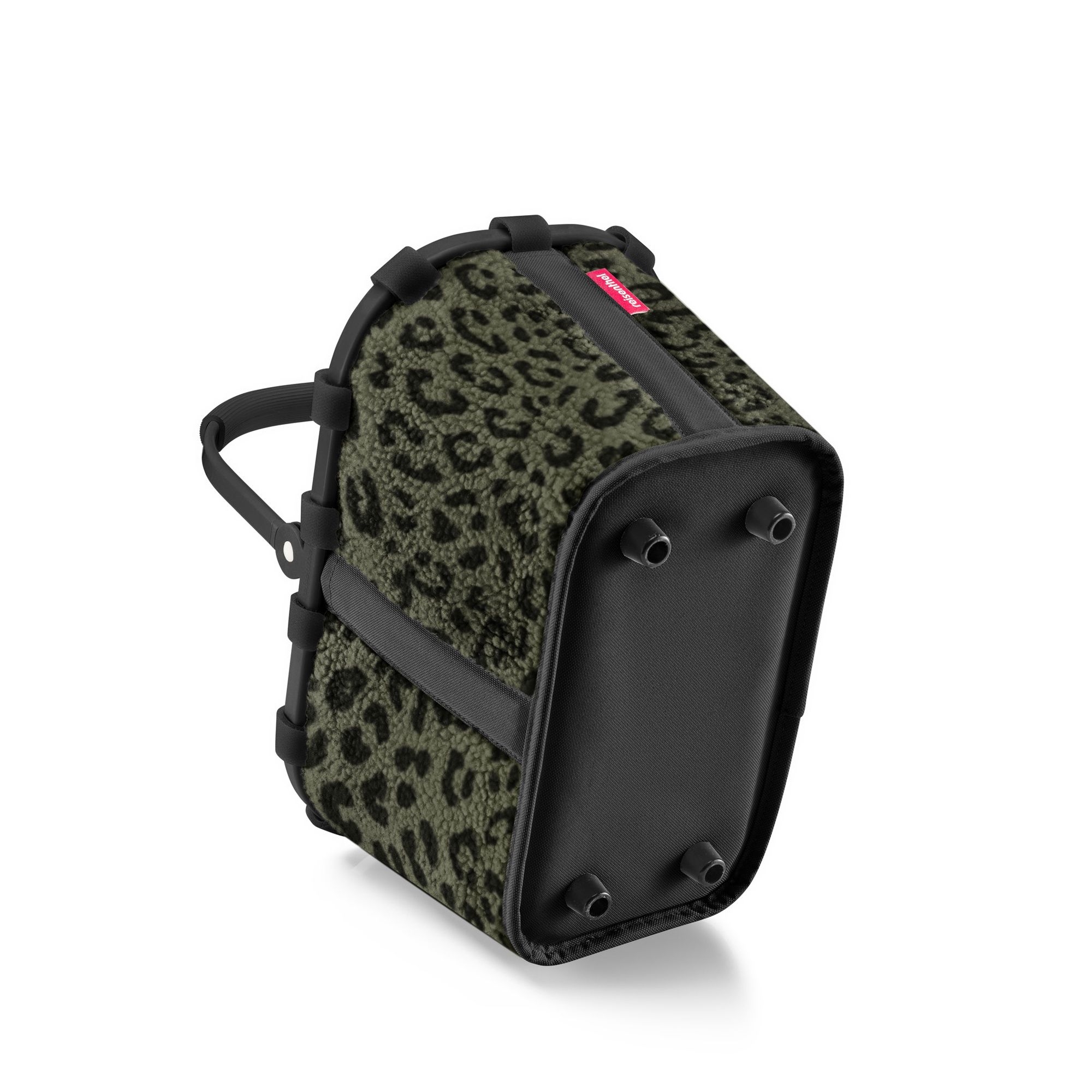 Side view of bike basket with leopard fur cover
