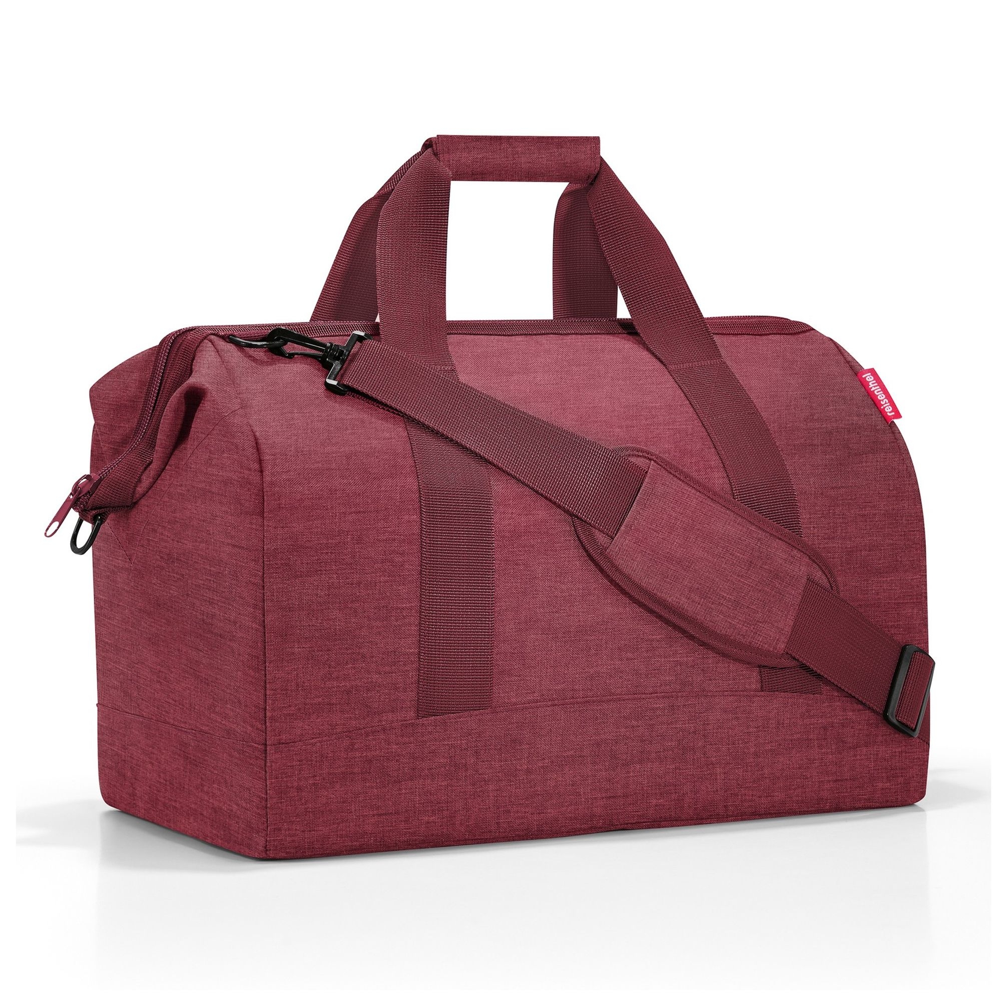 Burgundy weekender travel bag with carry strap