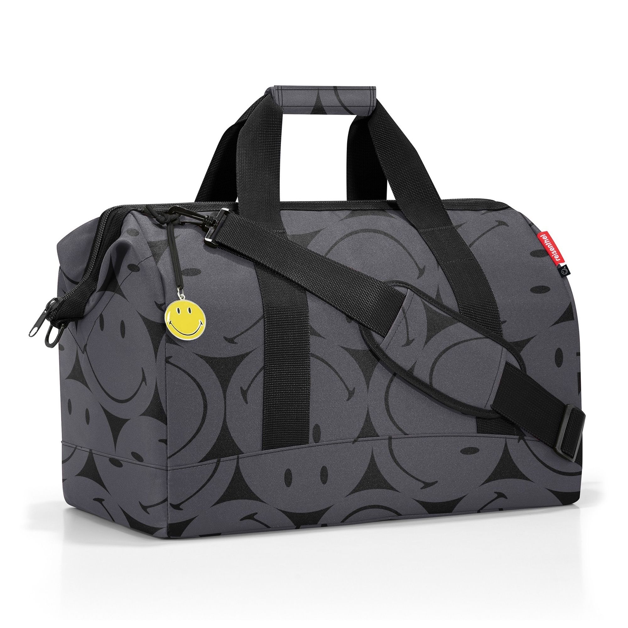 Grey sports bag with smiley pattern and shoulder strap