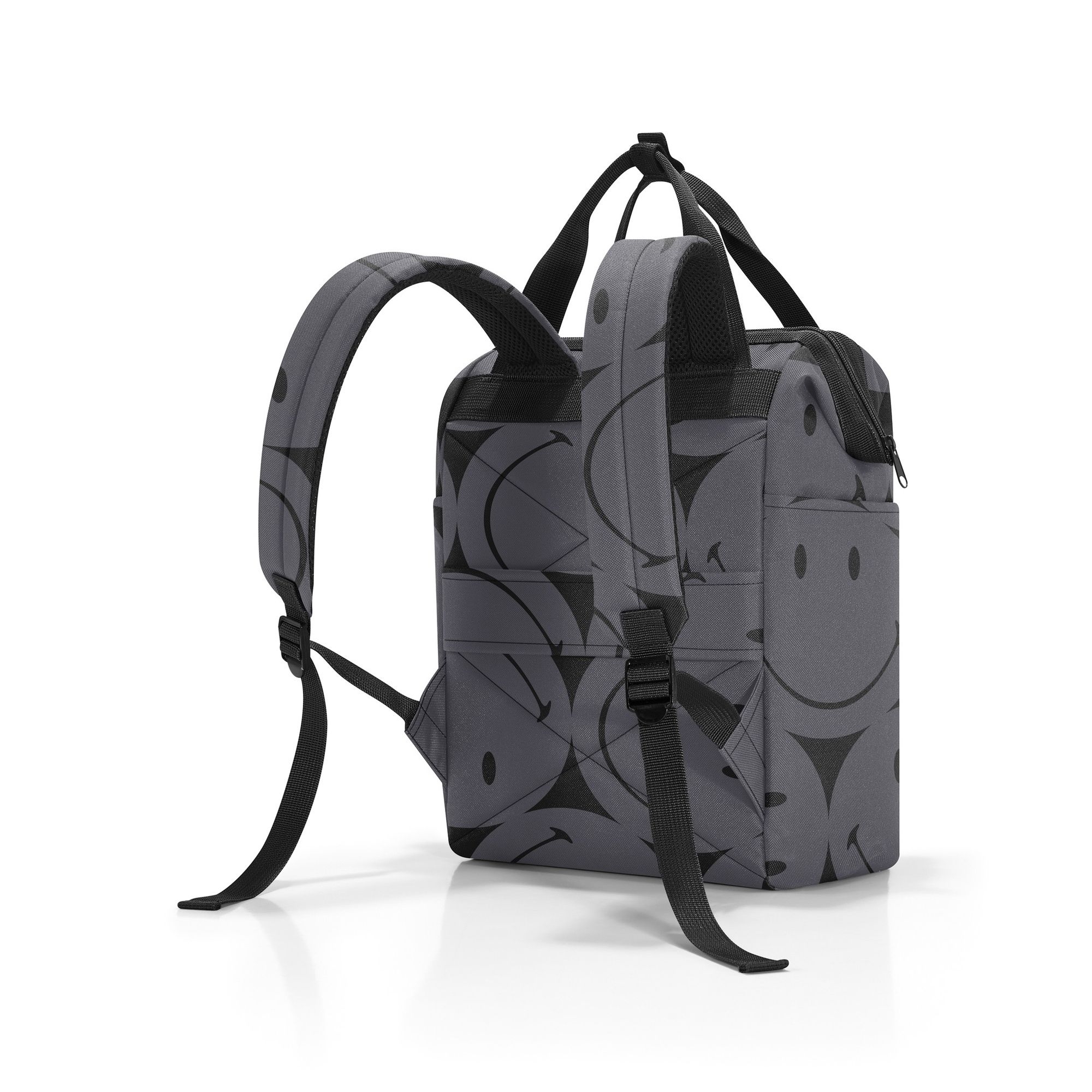 Modern grey backpack with black smileys and padded straps