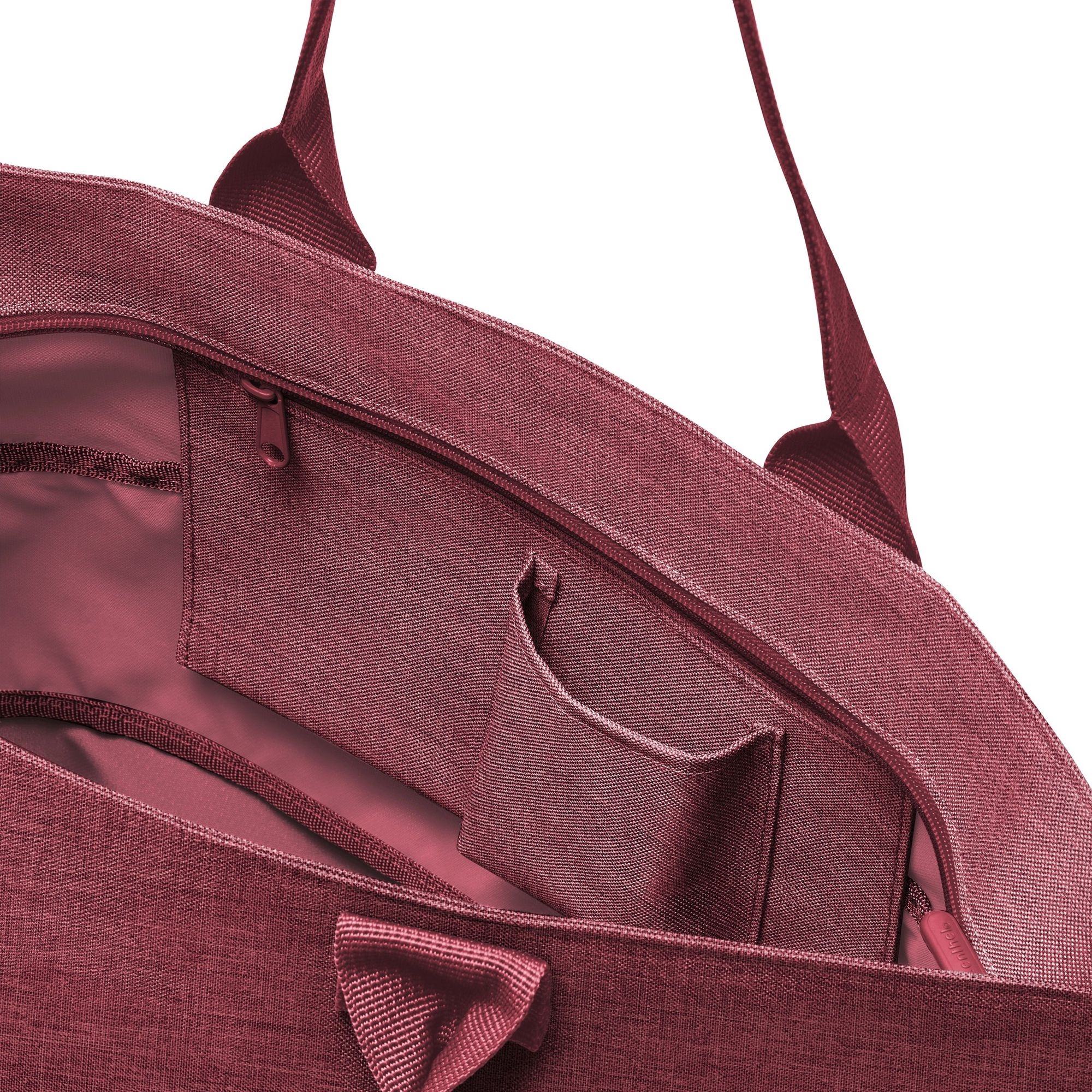 Open burgundy shopper bag with pockets