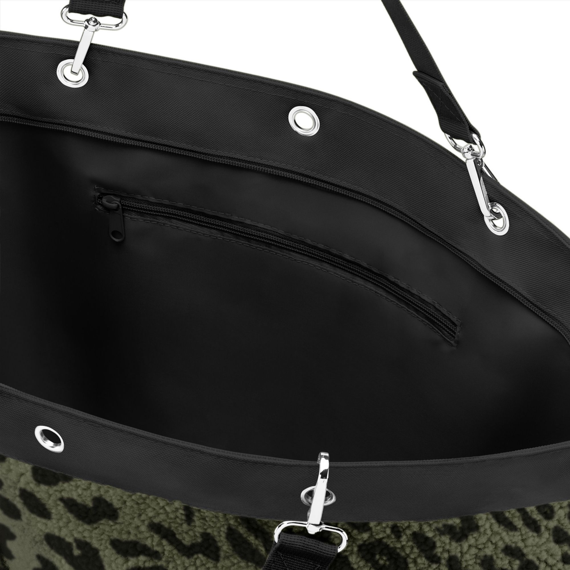 Bag interior with zip pocket and black shoulder strap