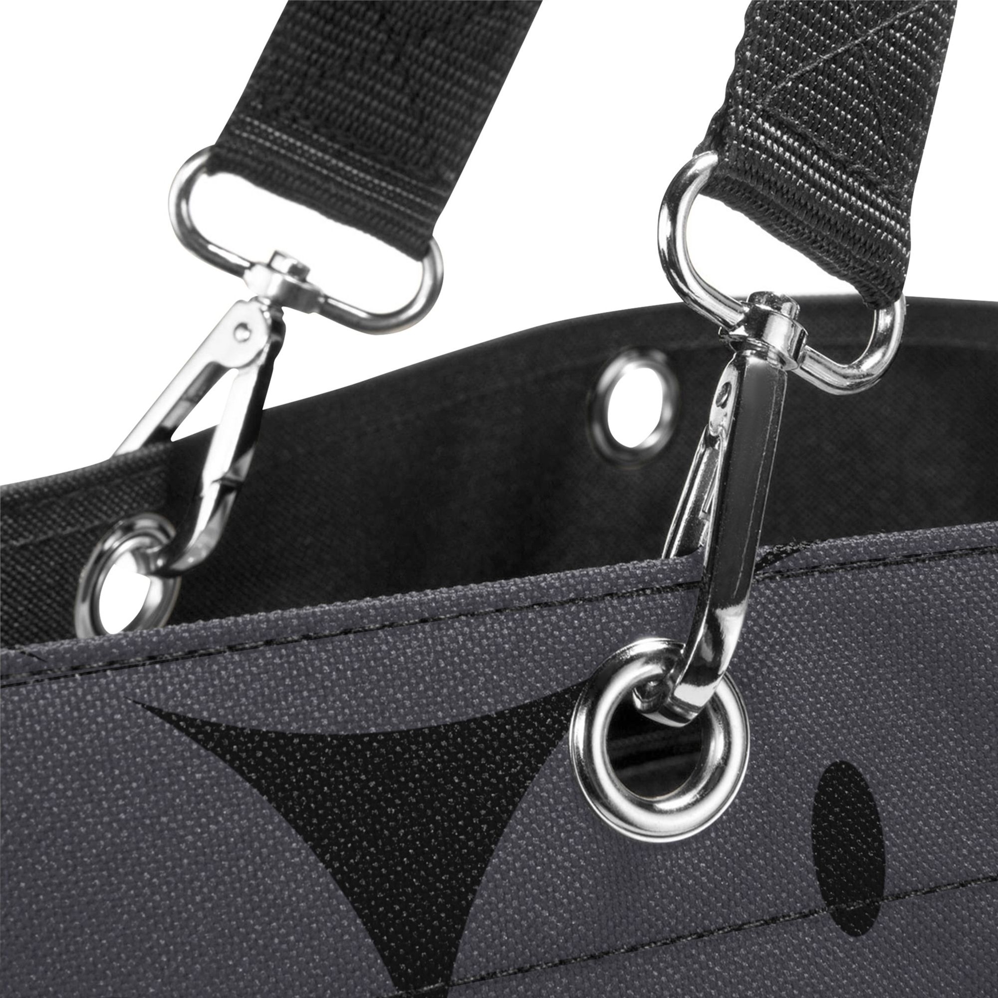 Metal carabiner and eyelets on black strap