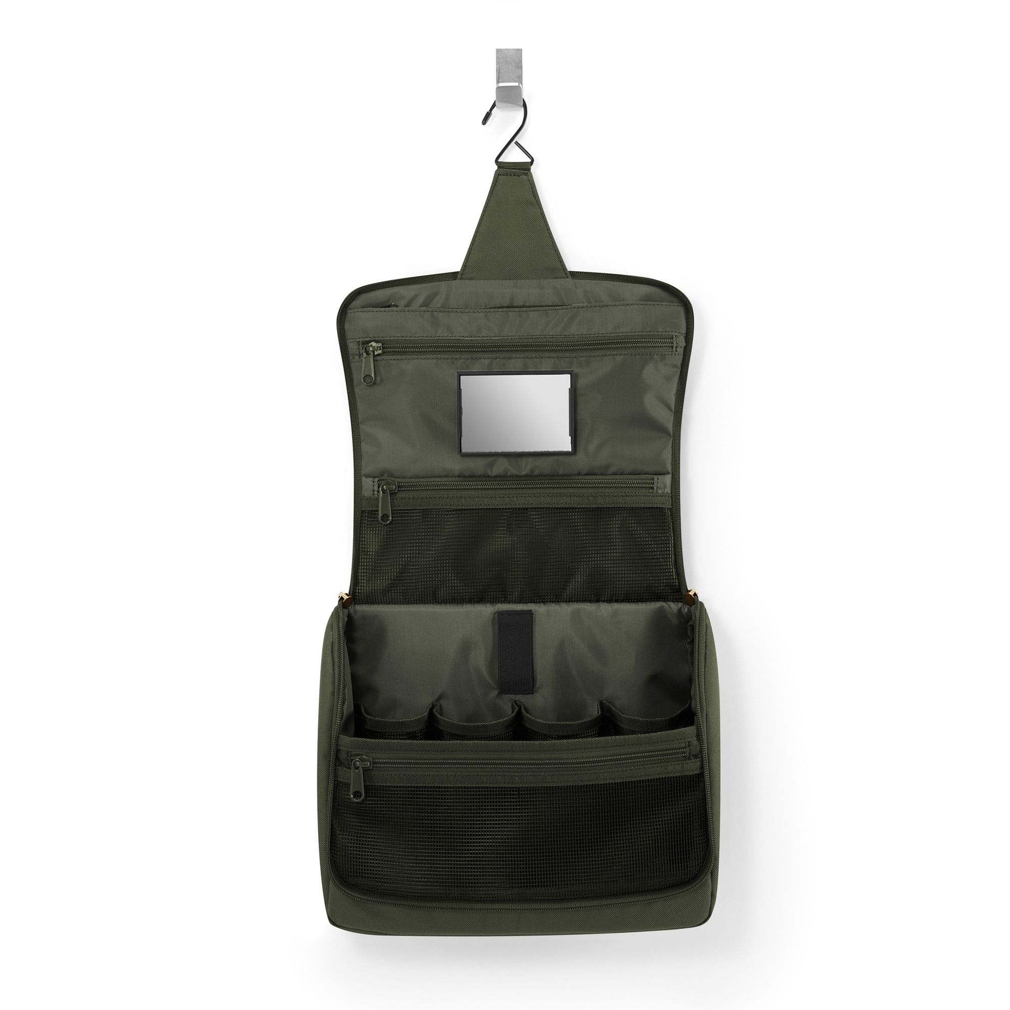 Open hanging toiletry bag with mirror, olive green
