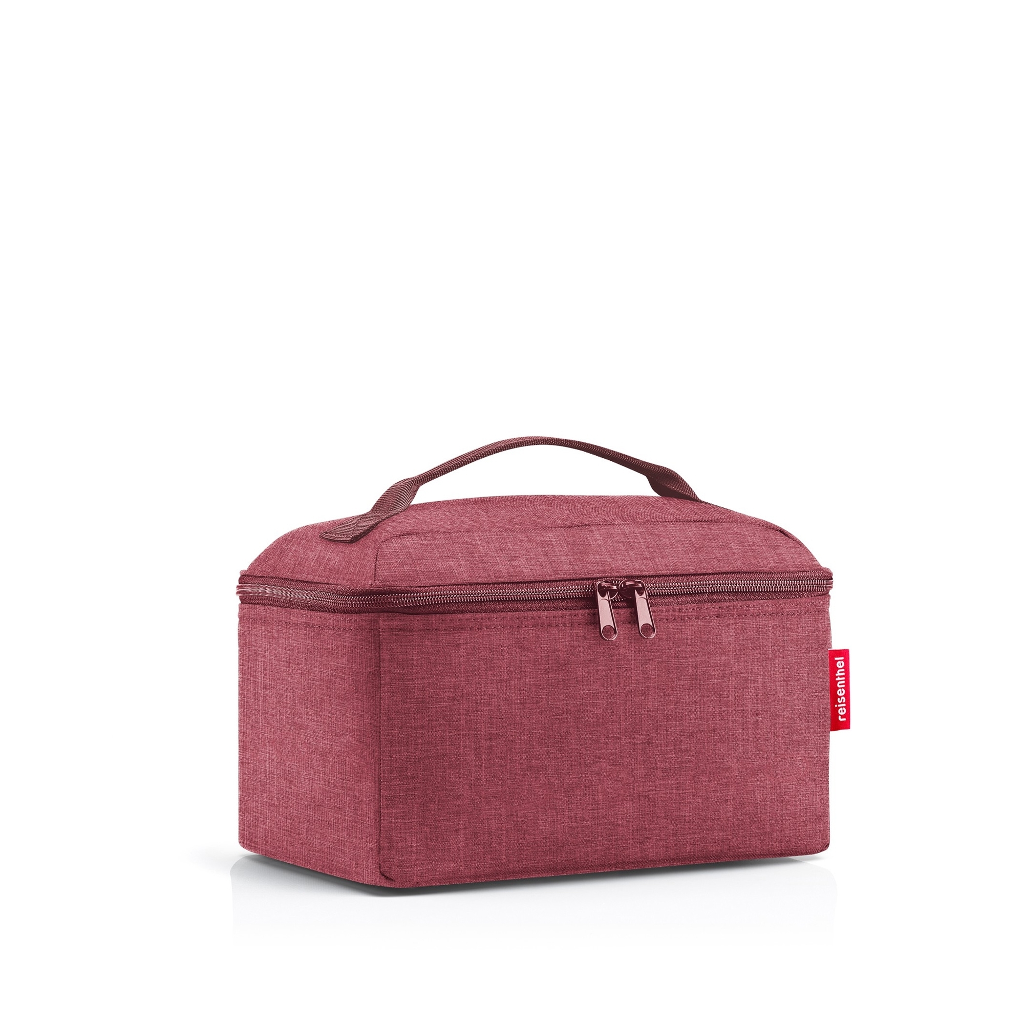 Compact red cosmetic bag with zipper and handle