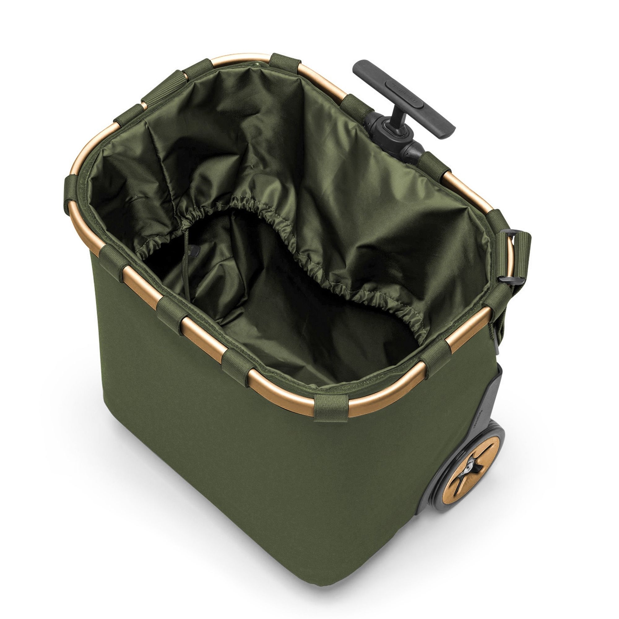 Olive green shopping trolley with sturdy wheels and frame