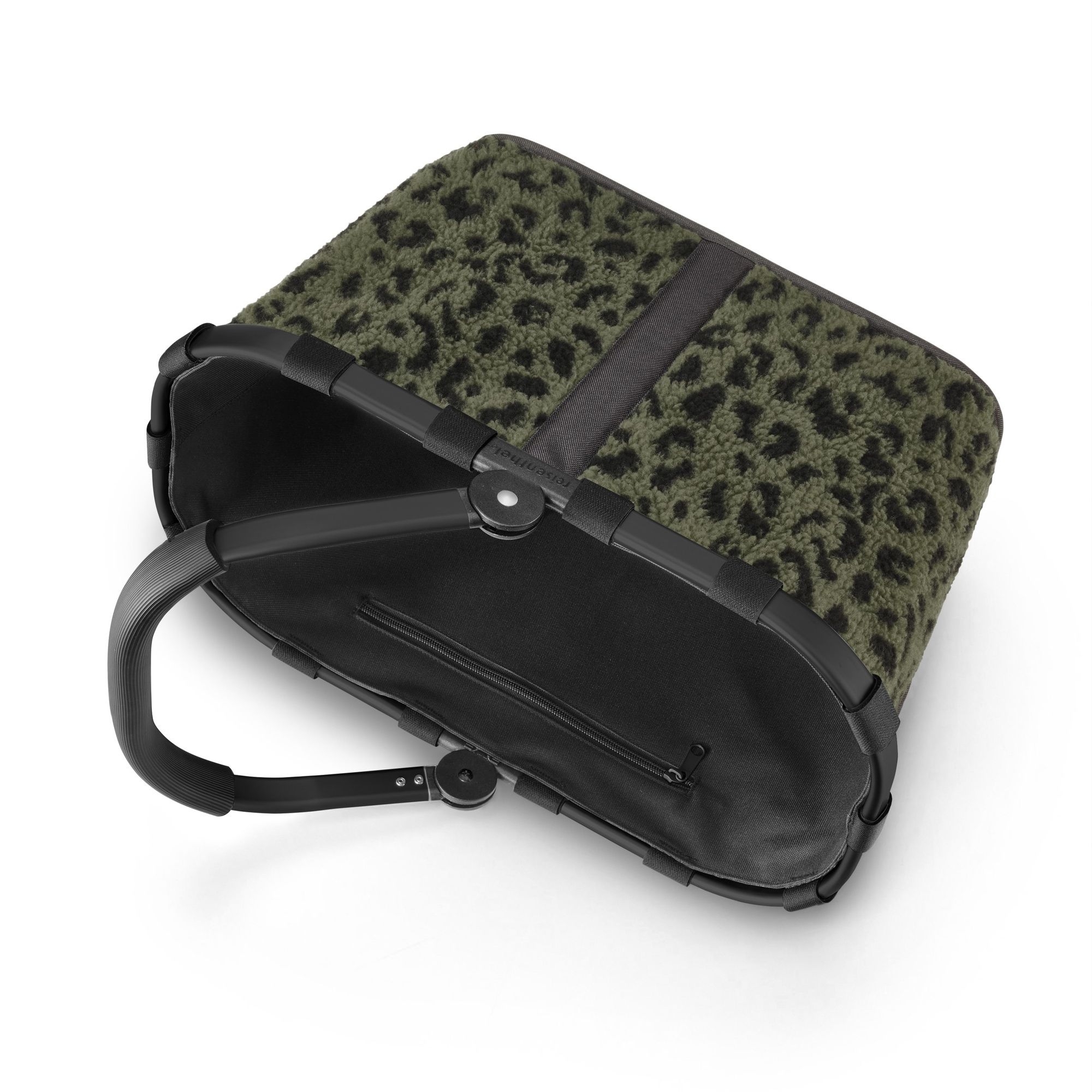 Portable shopping basket with green leopard pattern and zipp