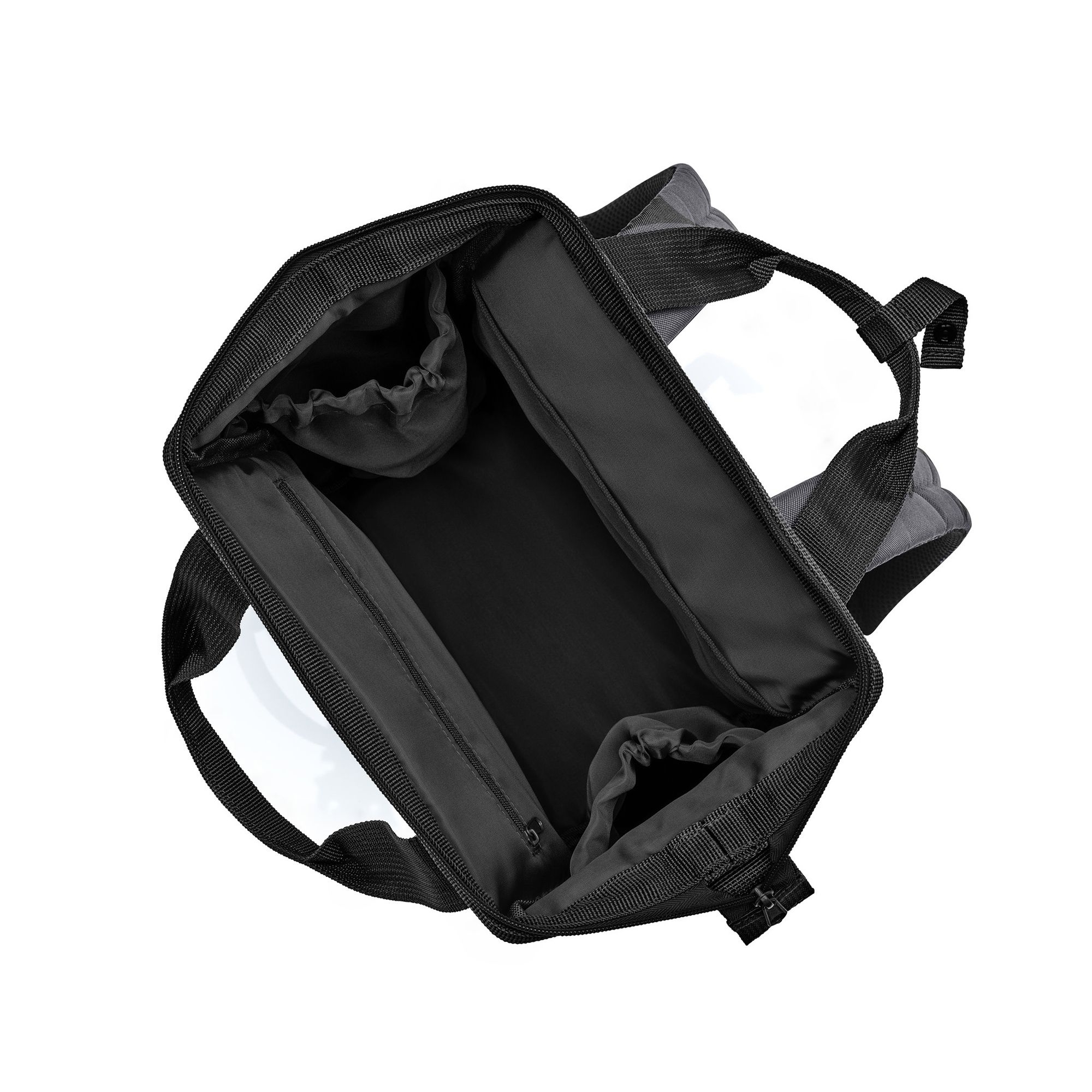Inside view of a black sports backpack with compartments
