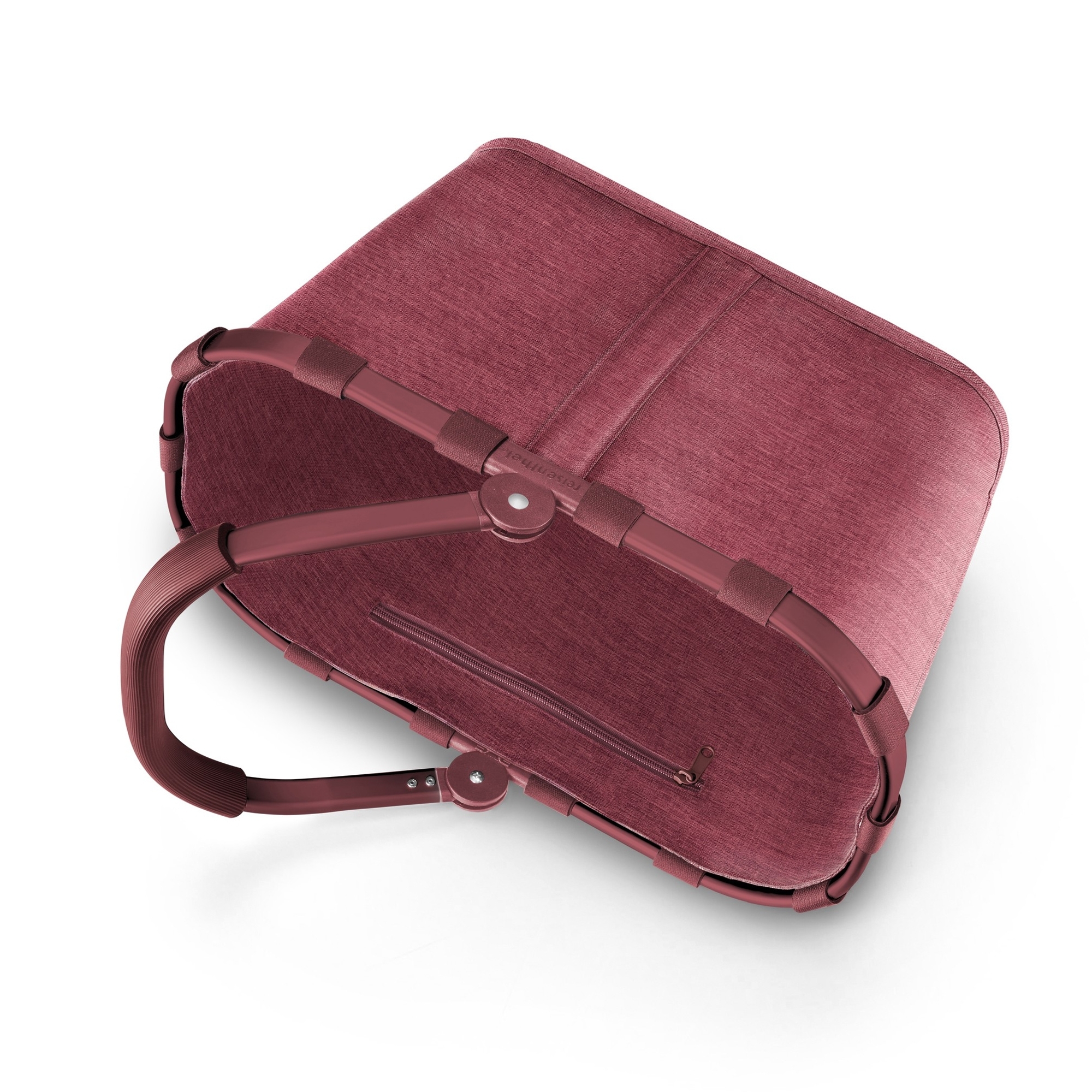 Maroon foldable carrying basket with handle and zip pocket