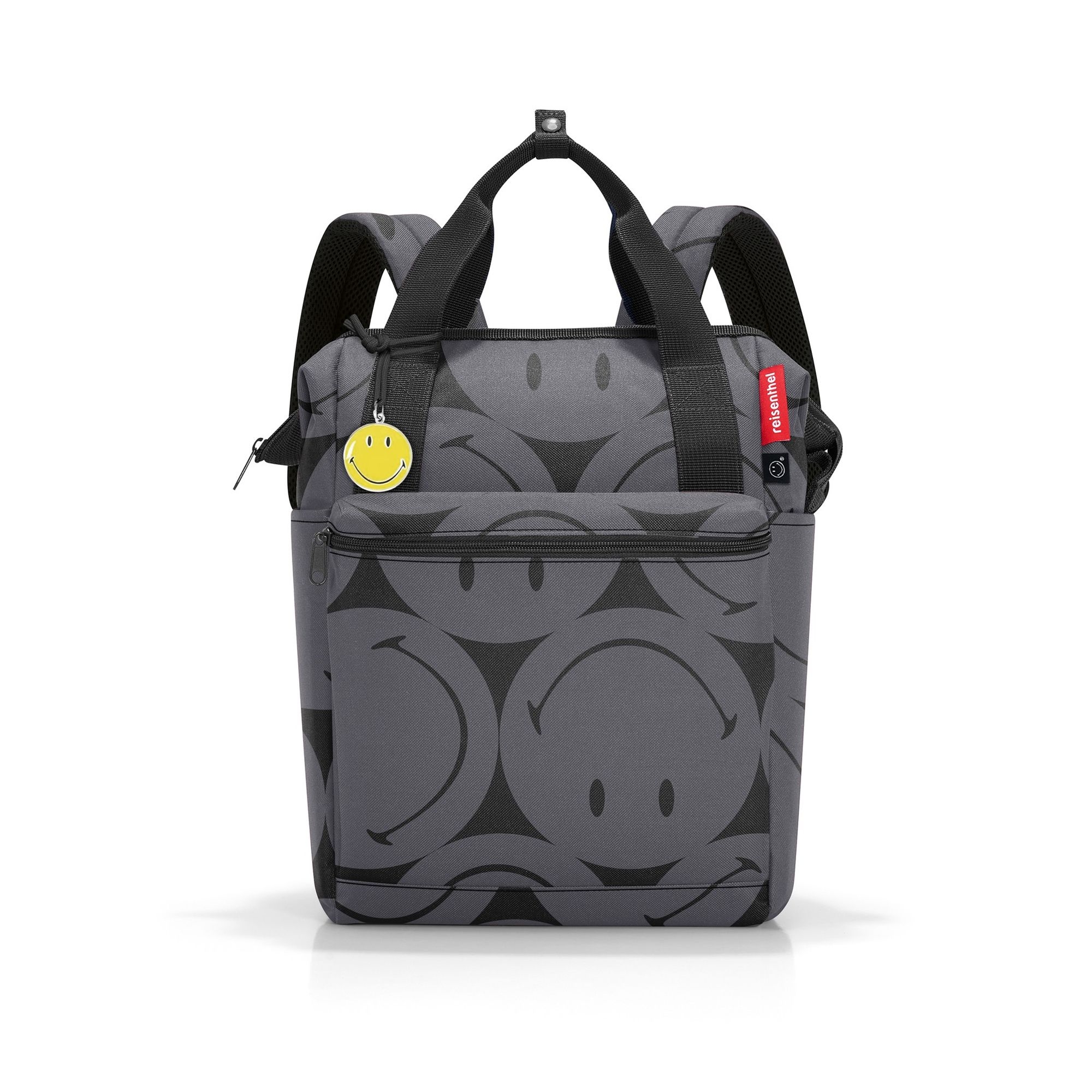 Modern grey backpack with black smileys and yellow smiley ta