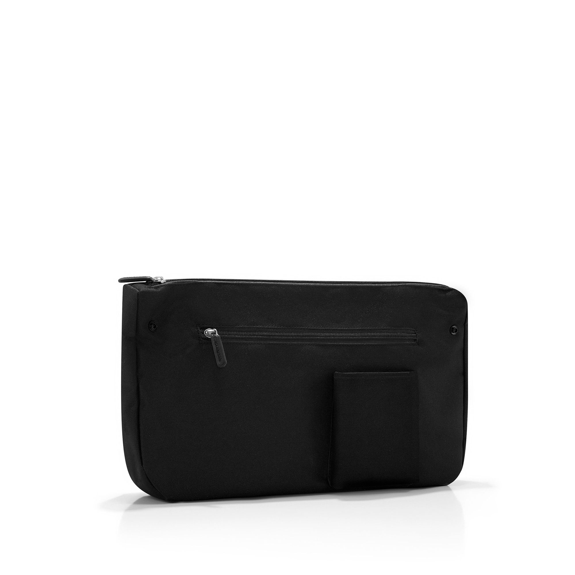 Black travel pouch with zipper and outer pocket