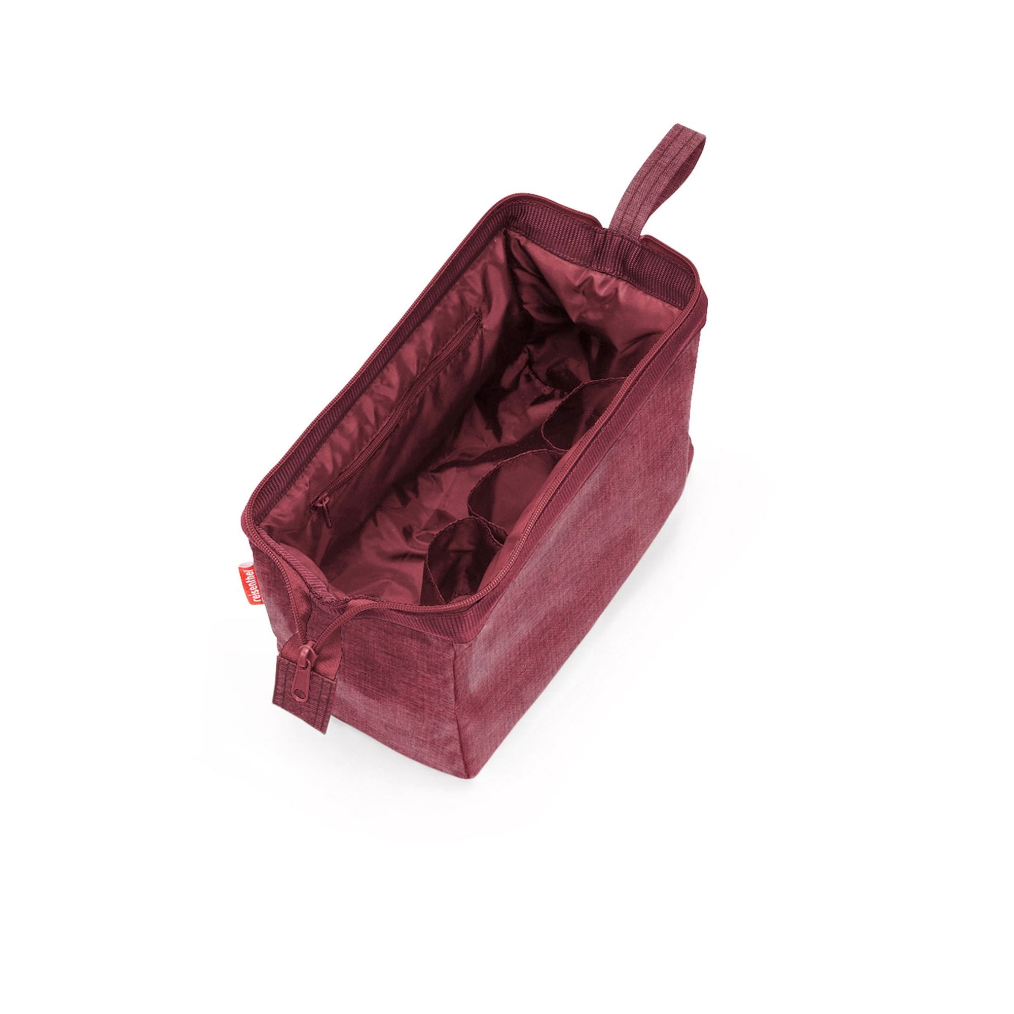 Open burgundy storage bag with compartments