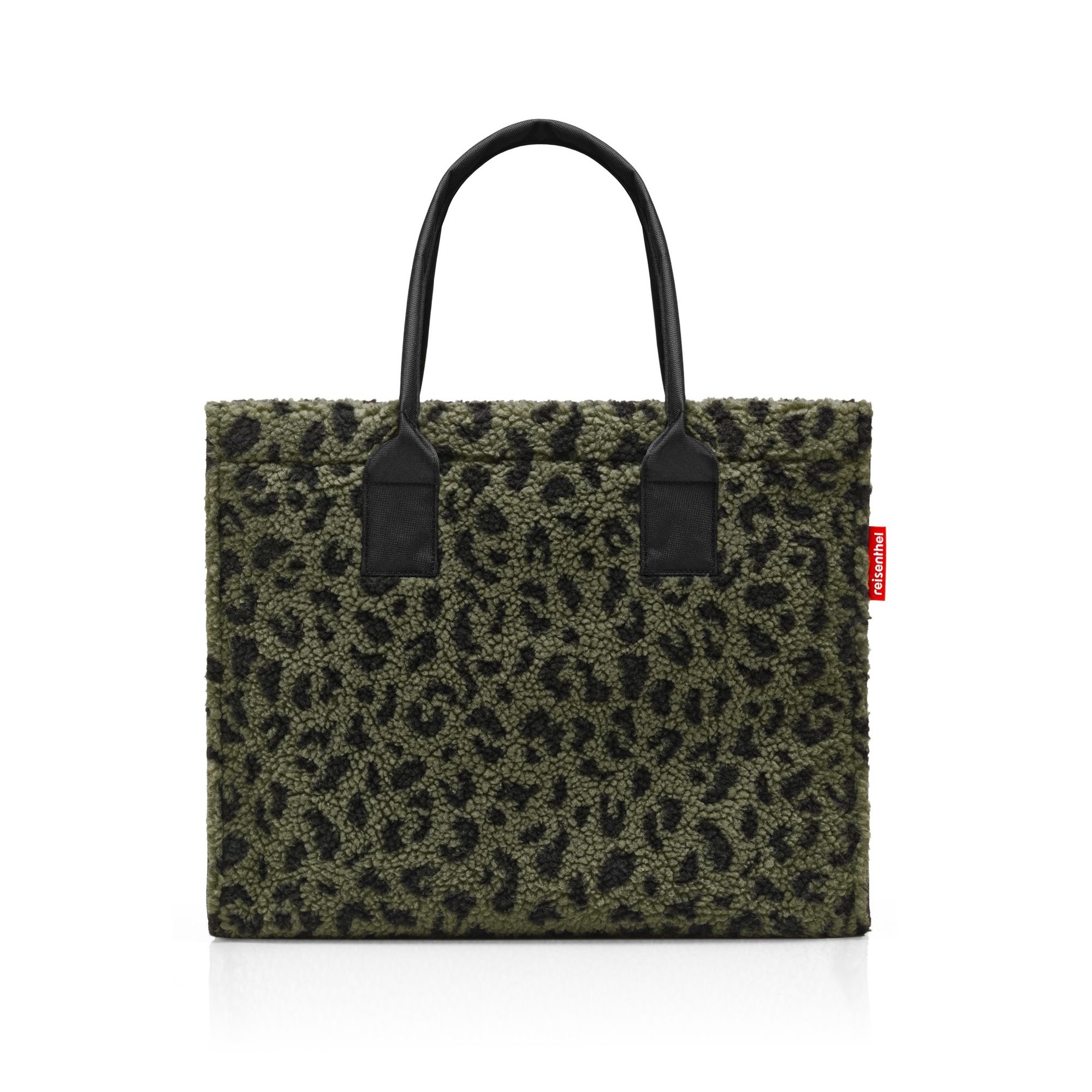 Green leopard print fleece bag with black handles