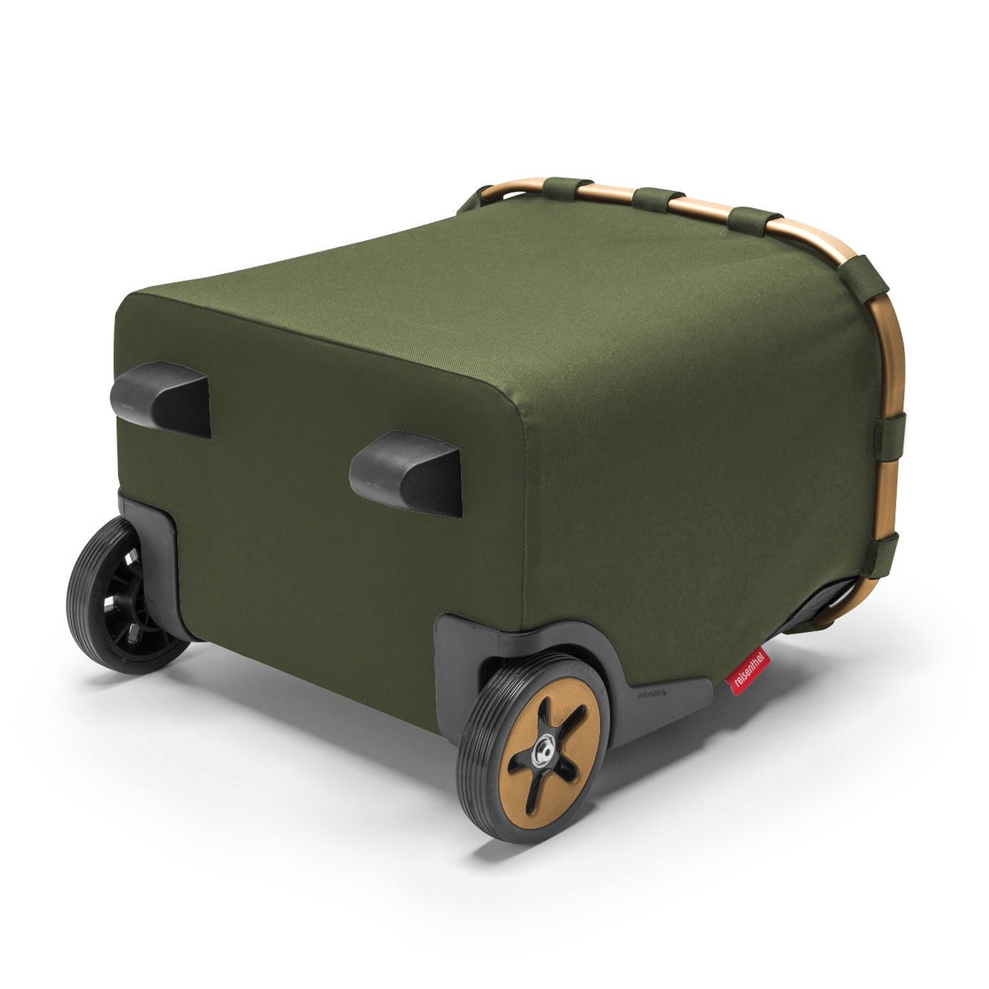 Green kids rolling suitcase with wheels and wooden handles