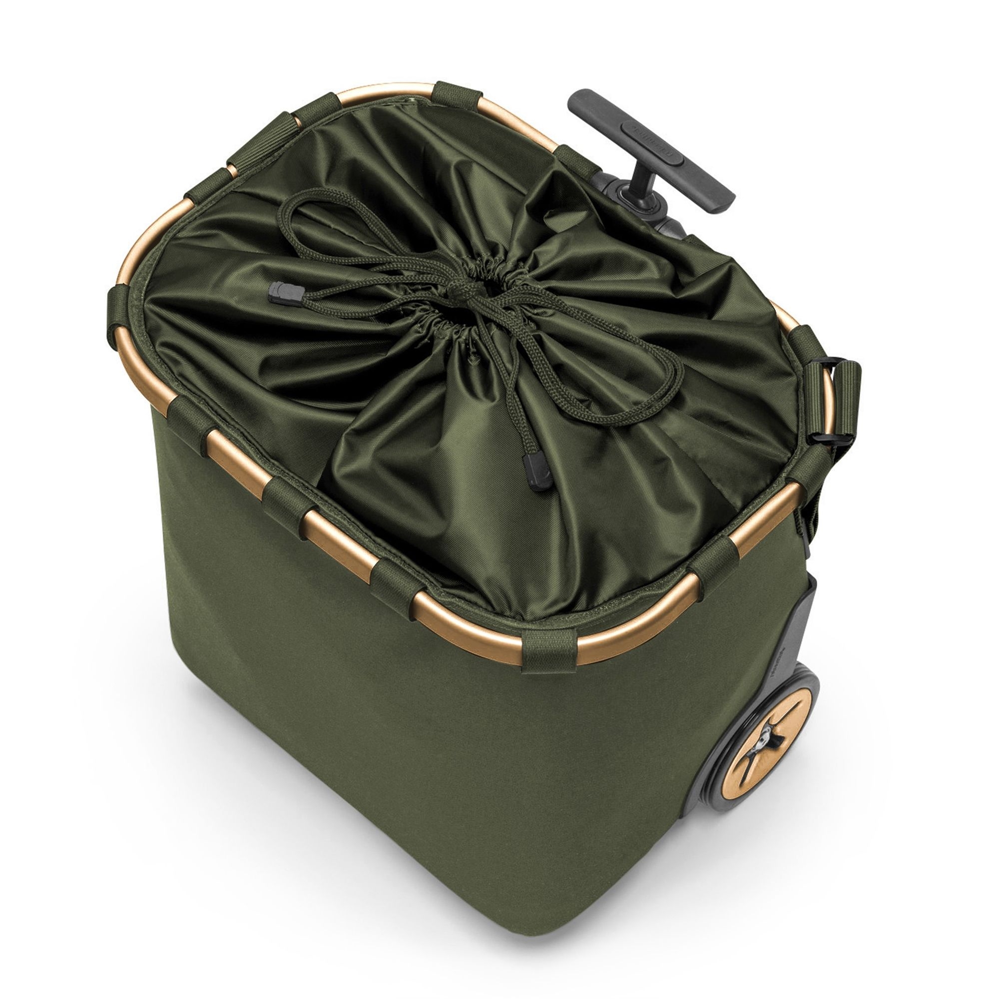 Olive green shopping trolley with lid and sturdy wheels