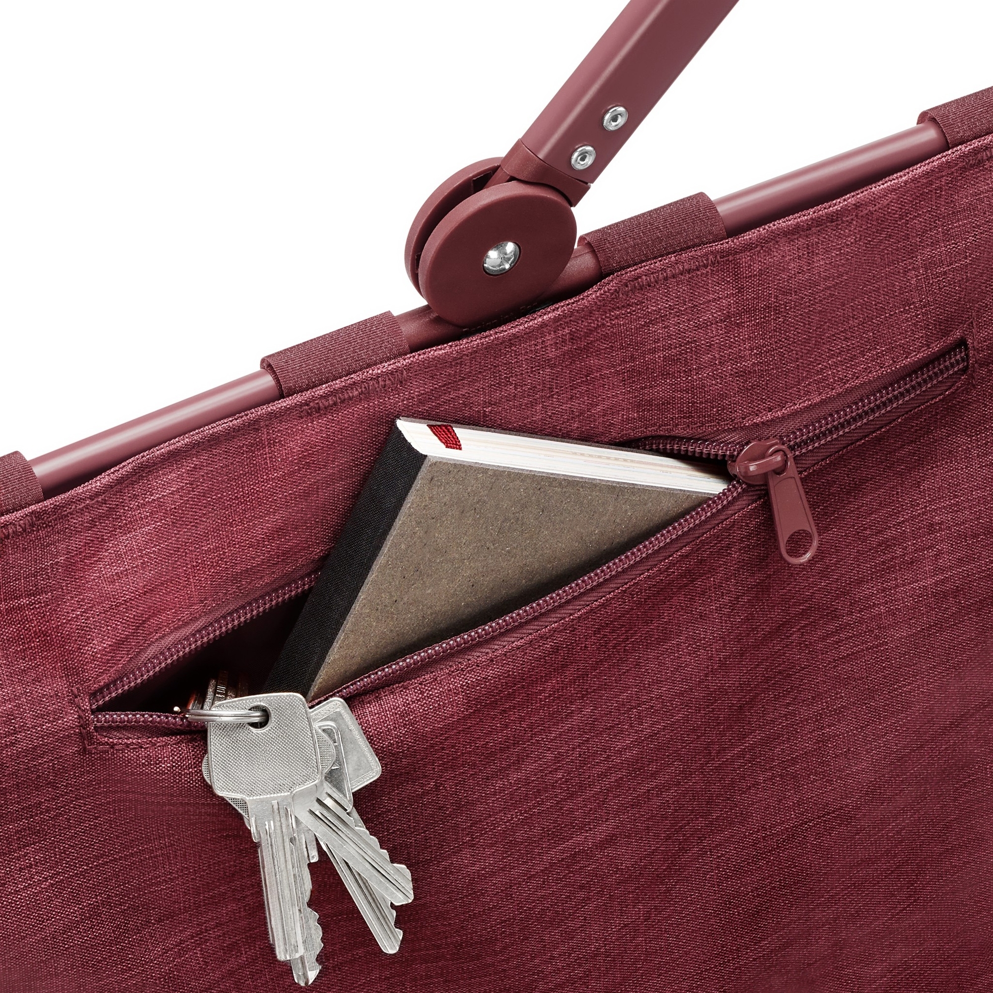 Burgundy shopping basket with zip pocket and keyring