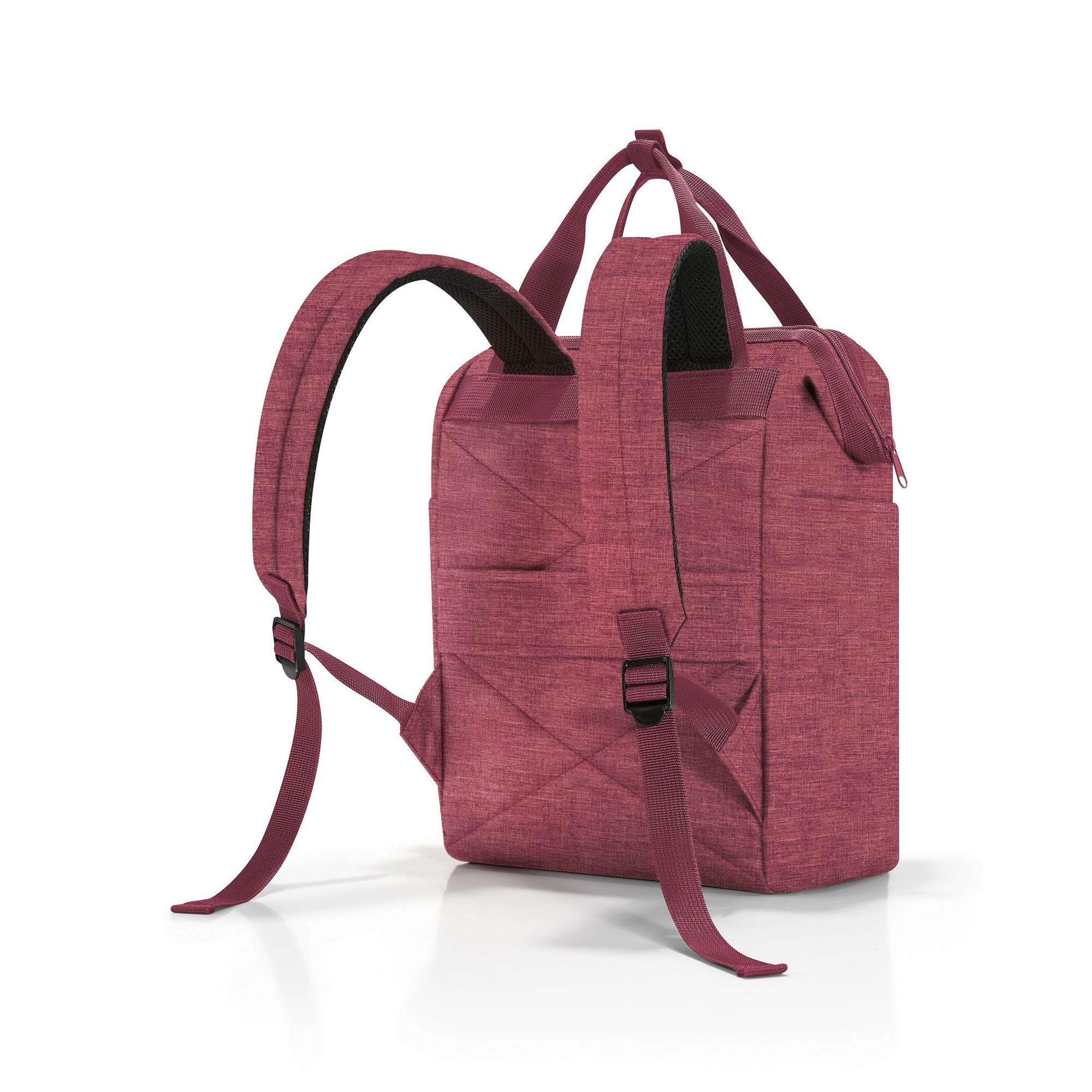 Rear view of a burgundy backpack