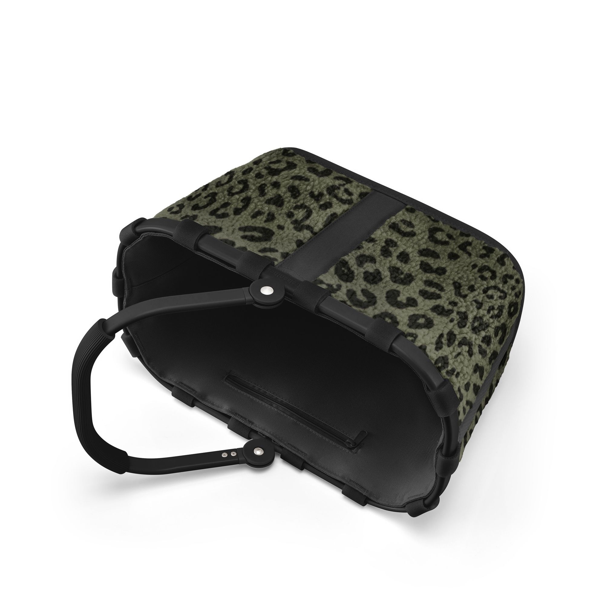 Open shopping basket with olive green leopard print
