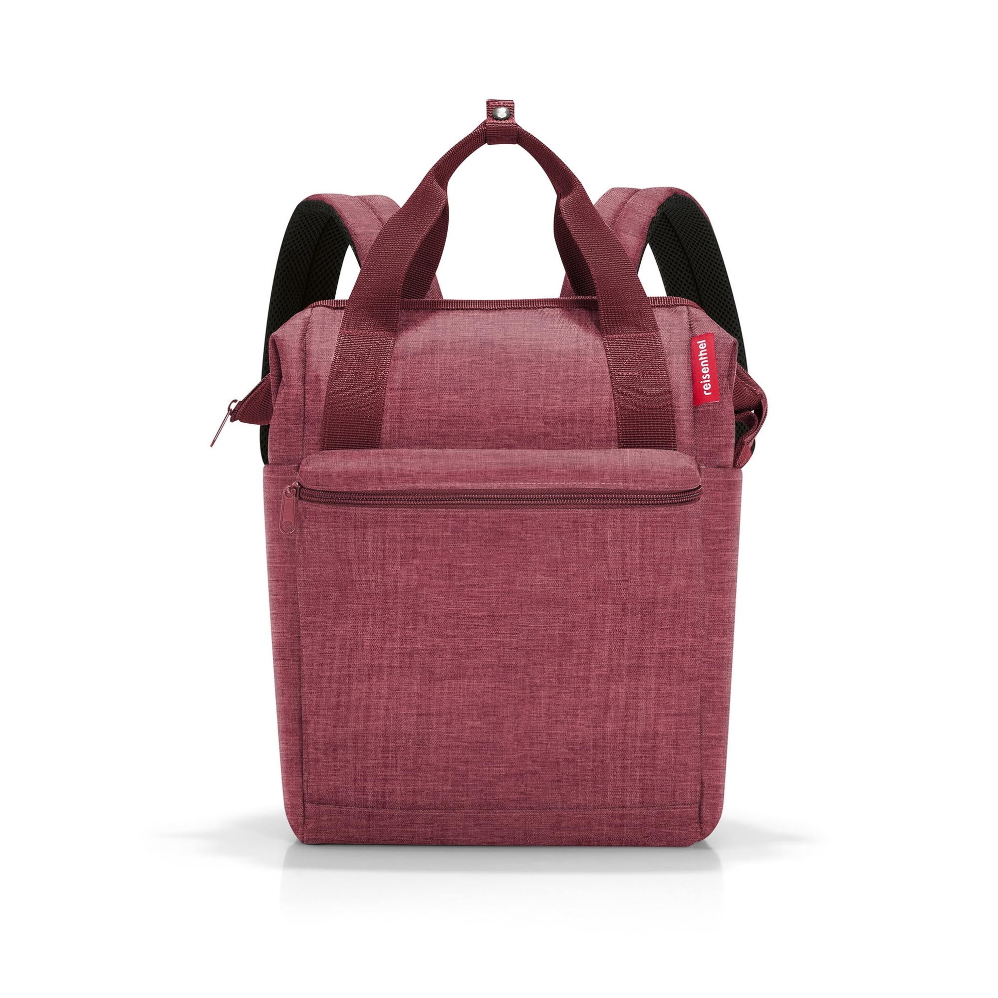 Red backpack with carry handles and zip pocket