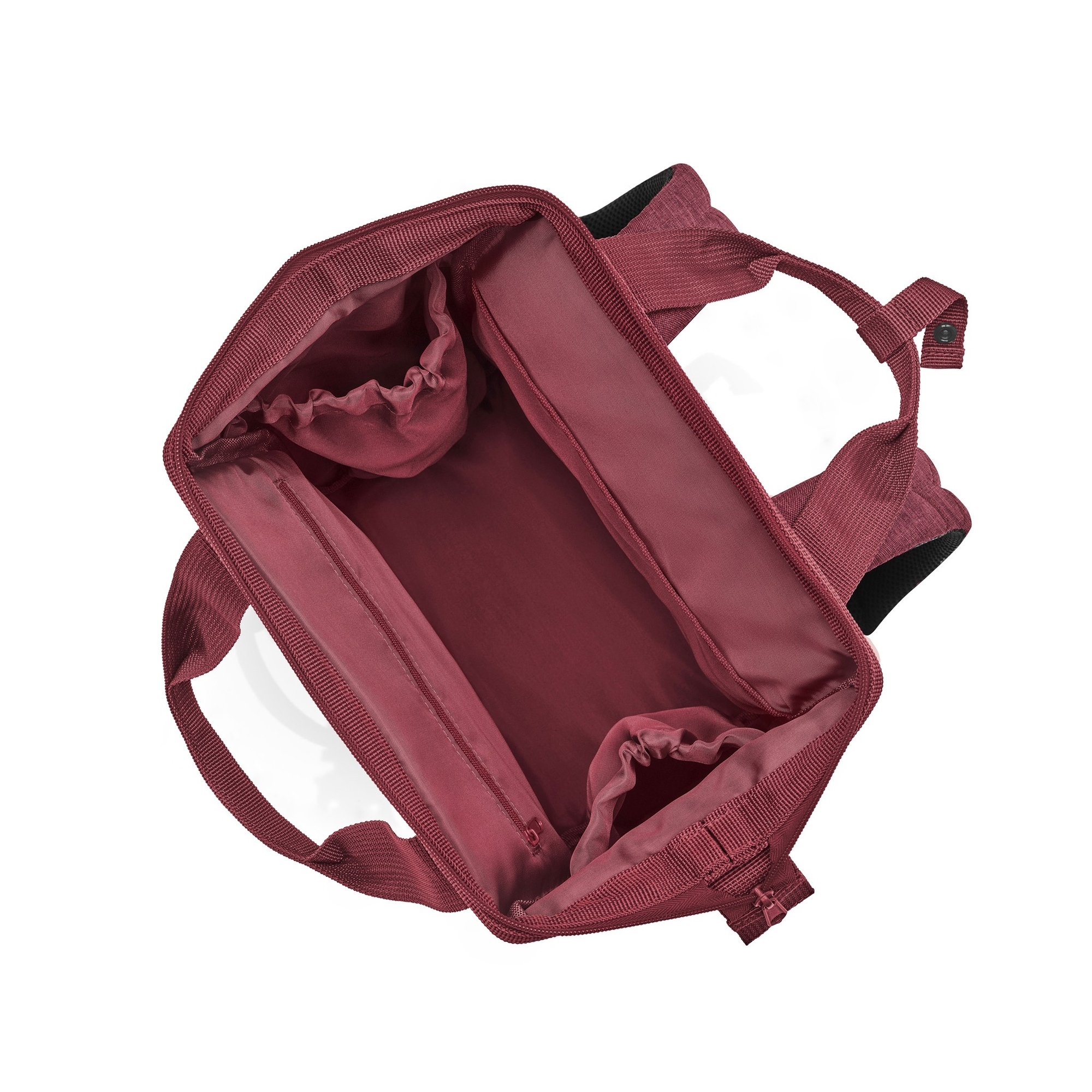 Open burgundy handbag with inner compartments