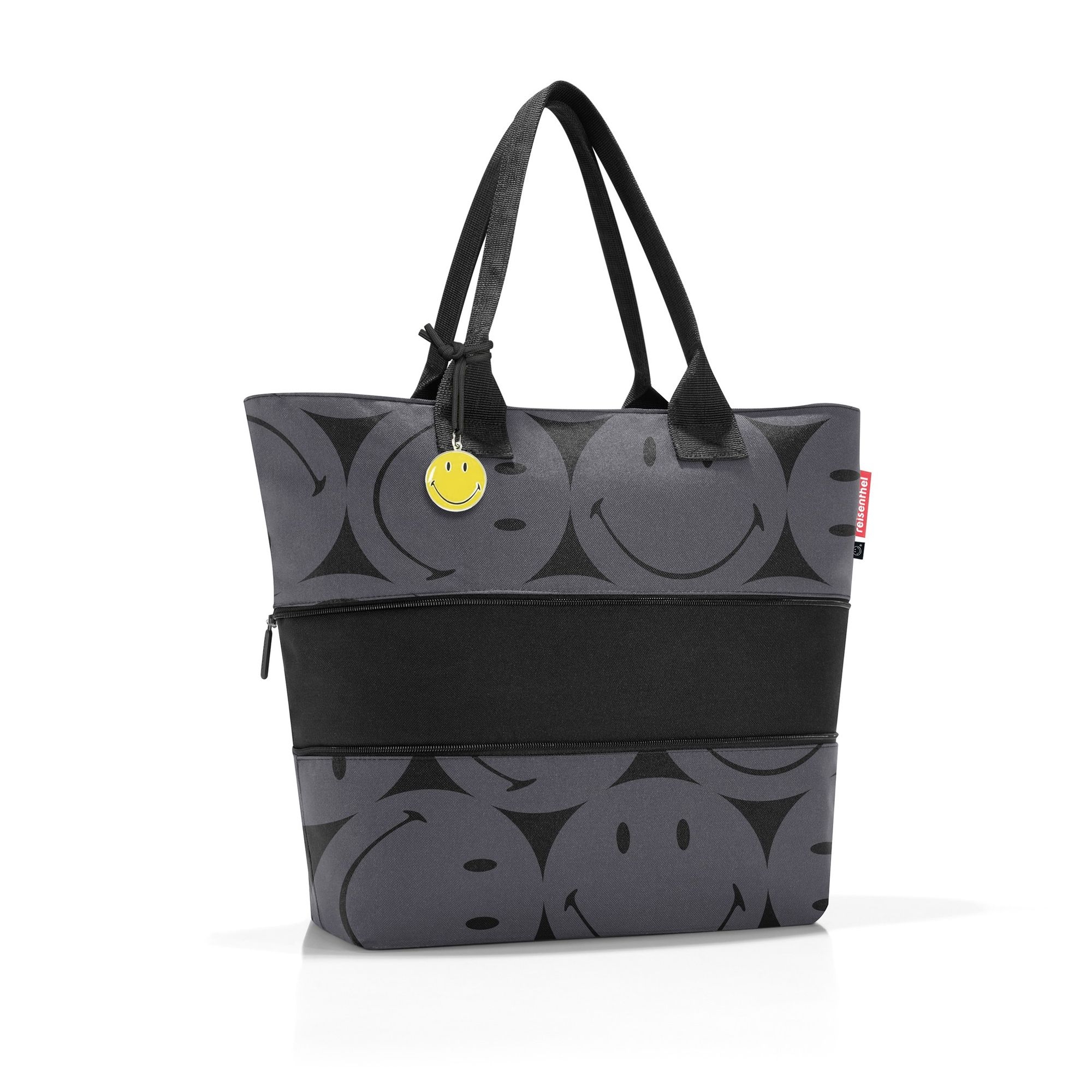 Grey Reisenthel bag with black smileys and charm
