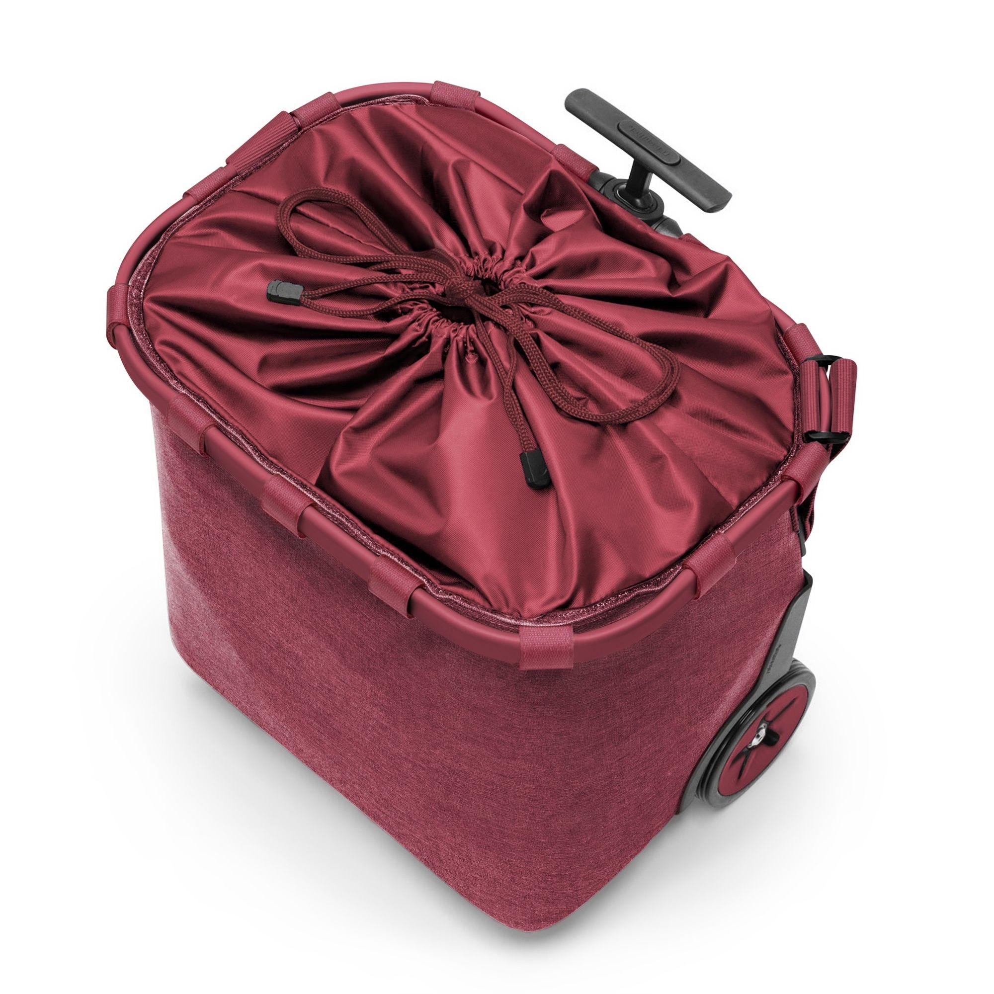 Red wheeled shopping trolley with drawstring lid