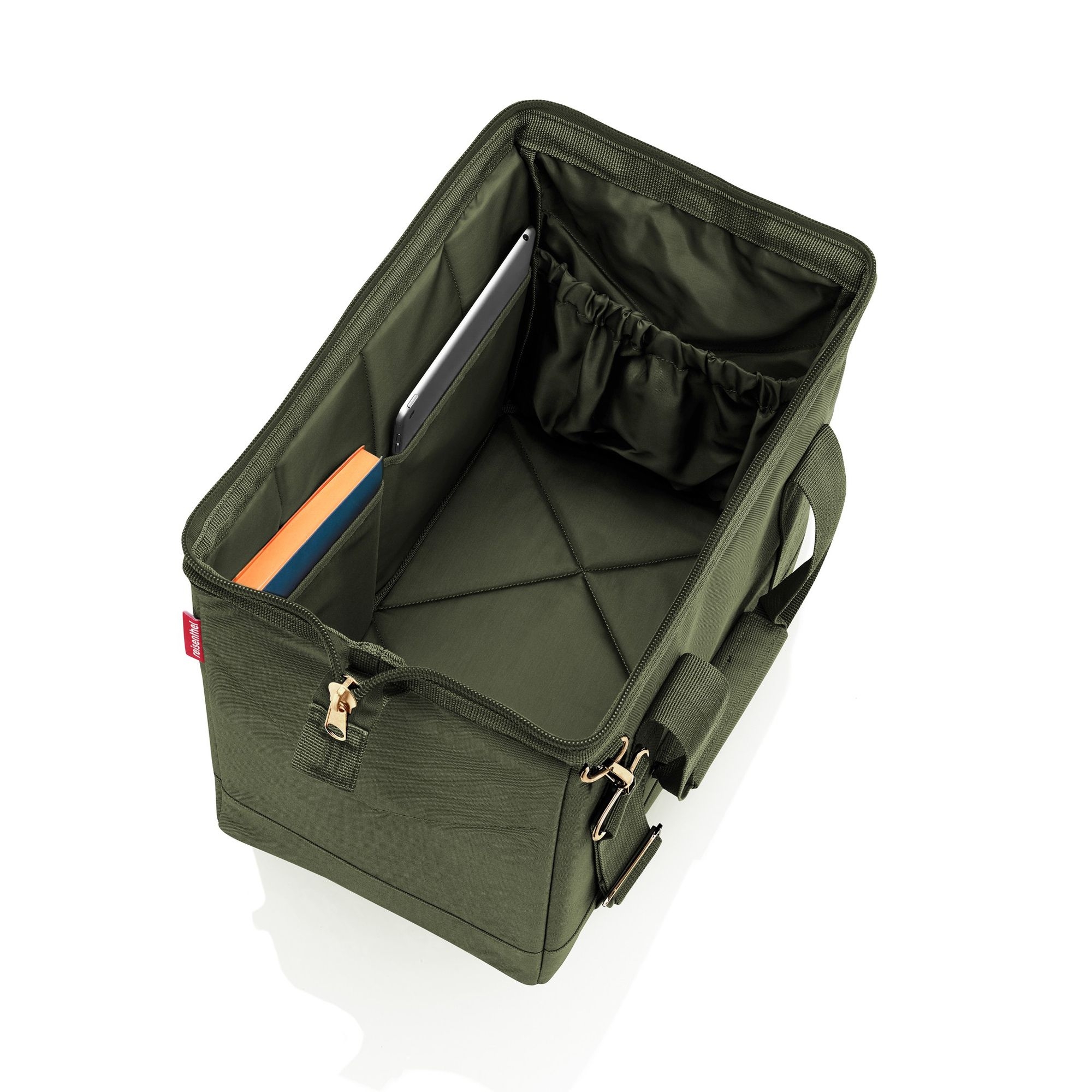 Large olive green storage box with compartments and handles