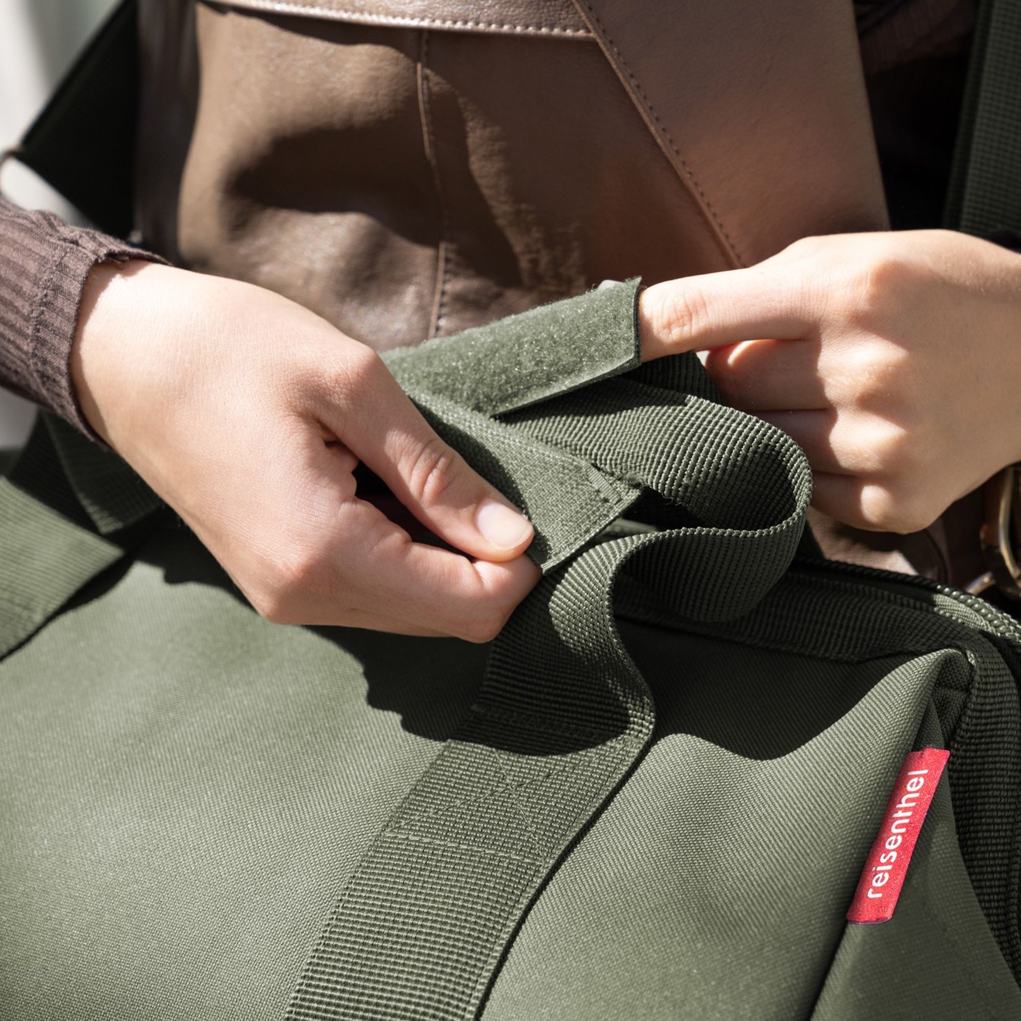 Close-up of olive green Reisenthel bag