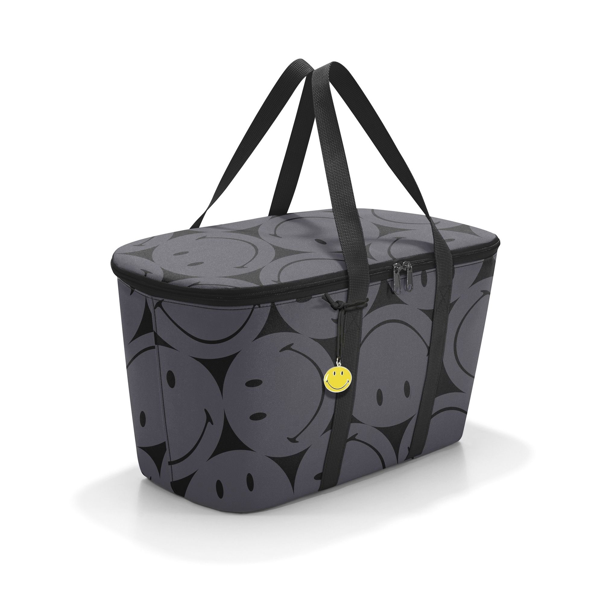 Grey cooler bag with black smiley faces and handles